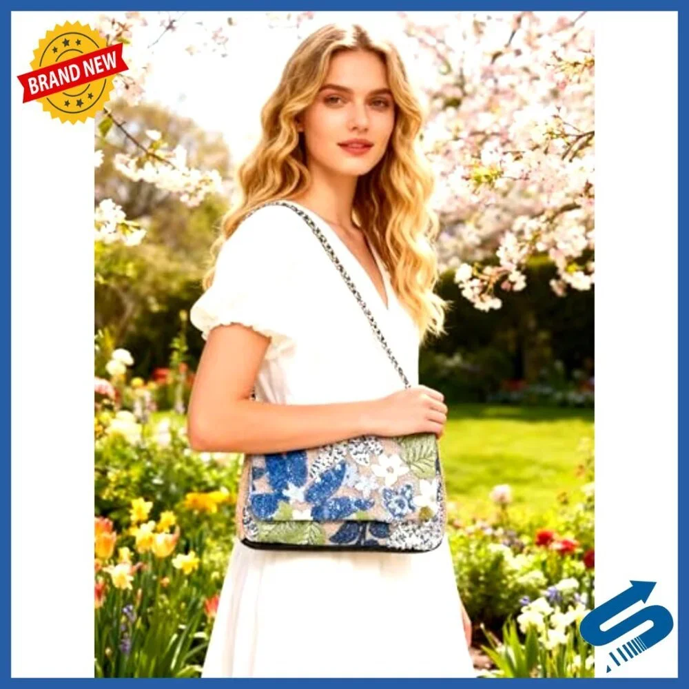 Handmade Sequin Embroidery Straw Tote Bohemian Shoulder Bag Large Capacity